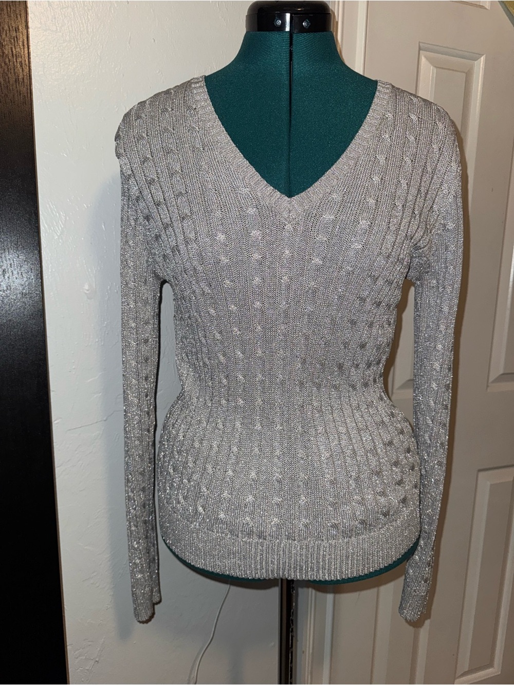 Lauren Ralph Lauren Silver-Gray V-Neck Cable Knit Sweater